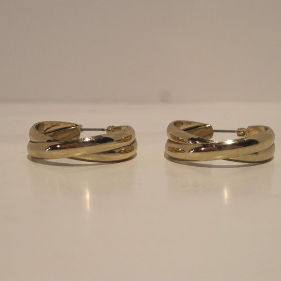 Gold Toned Earrings Crisscross Twist Latch Back Hoops For Pierced Ears - Picture 6 of 13